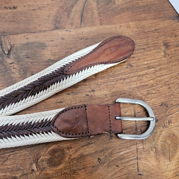 Tommy Bahama Brown Leather and Cream Cord Woven Belt Mens L 38-40 - Picture 4 of 10